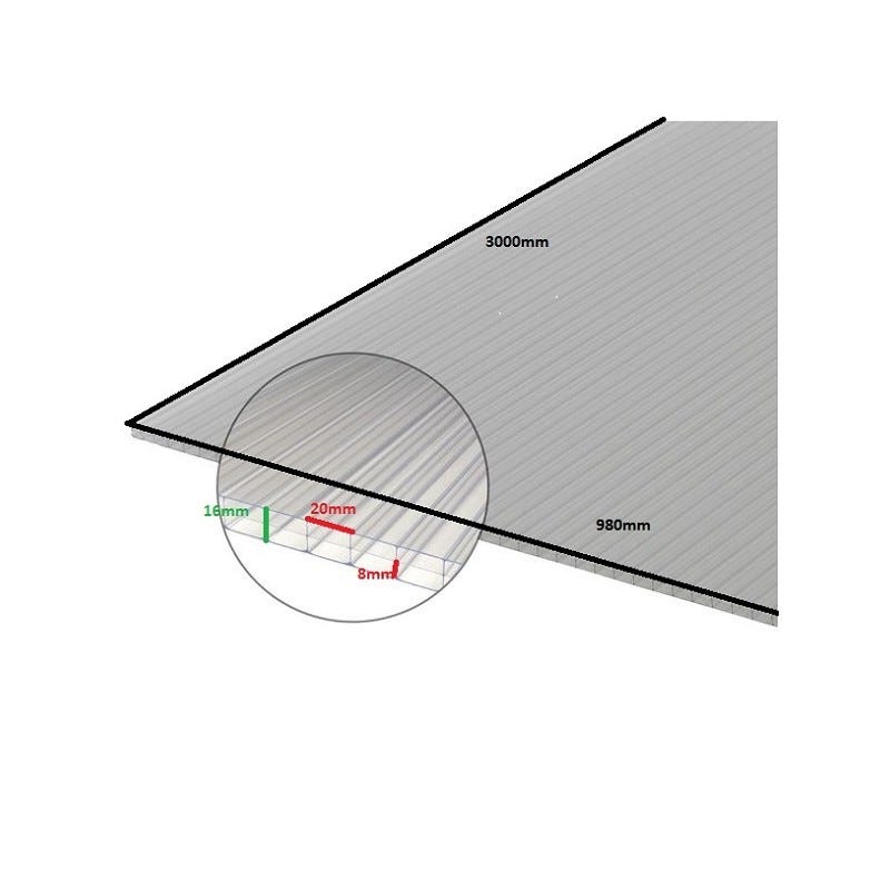 Plaque polycarbonate alvéolaire 16mm Opaline, E : 16 mm, l : 98 cm, L : 2 m 2