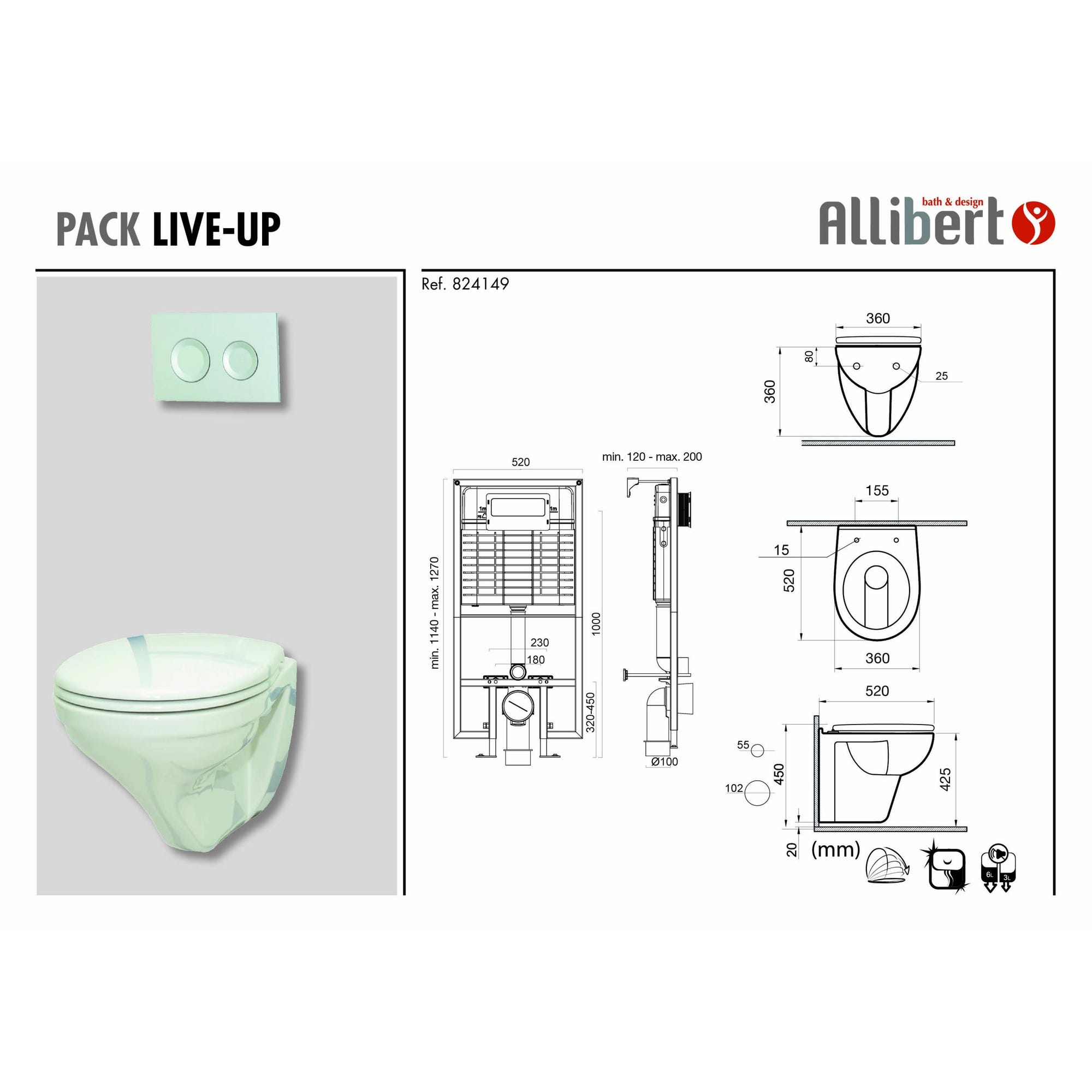 Pack WC suspendu LIVE-UP mécanisme 3/6L et alimentation d'eau silencieuse 2