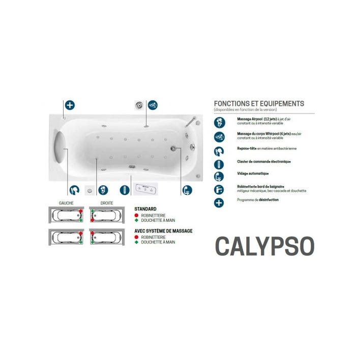 Baignoire Calypso rectangulaire à encastrer 170 x 80 x H.55 cm 190 L blanc CAF117080-A Novellini 4