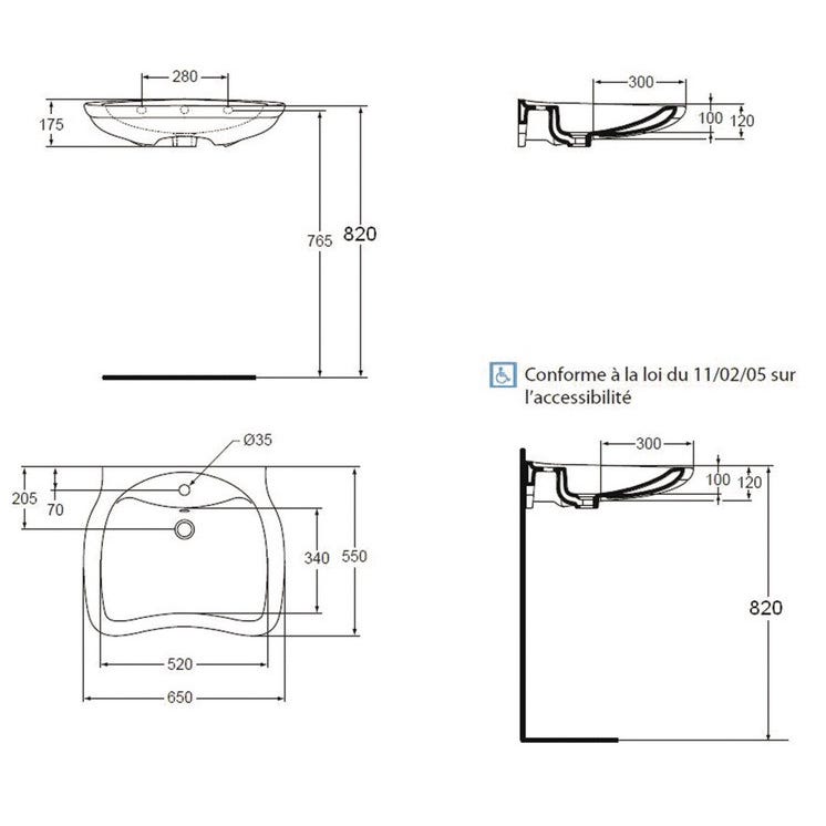 Lavabo PMR MATURA 2 ergonomique 65x55 cm sans trop-plein blanc Porcher 1