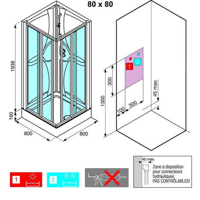 Cabine de douche Média carré accès d'angle portes coulissantes verre transparent 80 x 80 cm ME2A80M-1AA Novellini 1