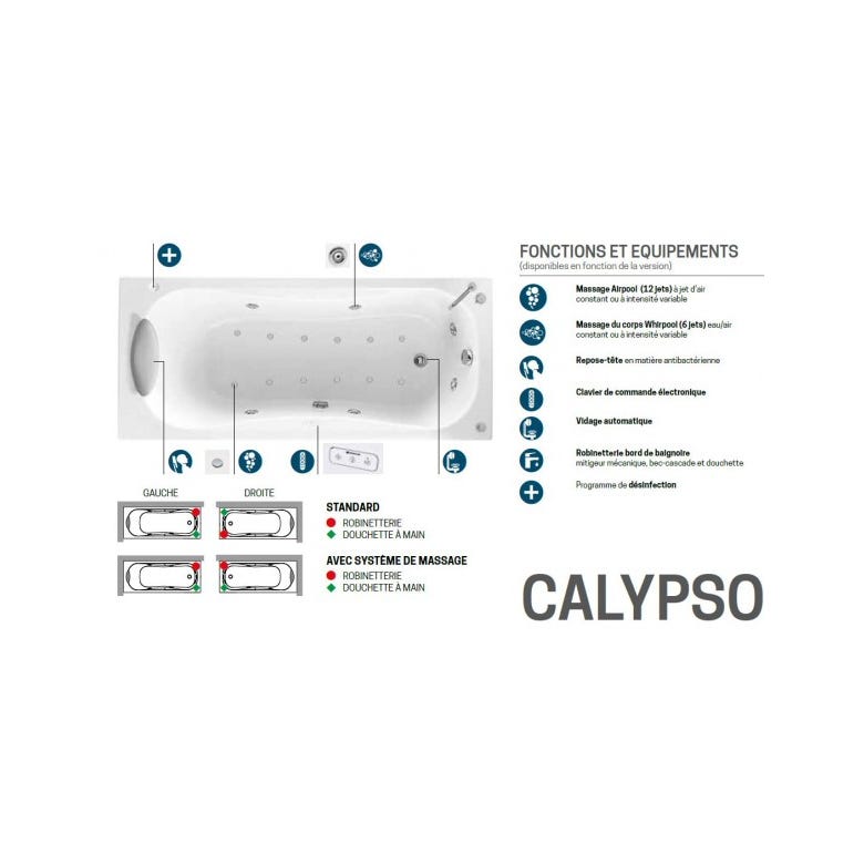 Baignoire Calypso rectangulaire à encastrer 150 x 70 x H.55 cm 155 L blanc CAF115070-A Novellini 4