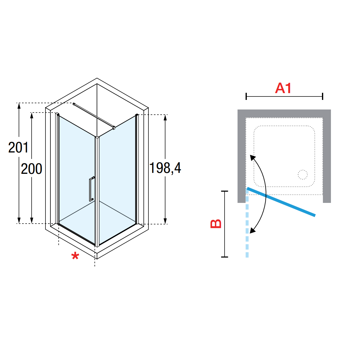 Porte de douche pivotante 97-101 x H.200 cm verre transparent profilé silver YOUNG 1B Novellini 1
