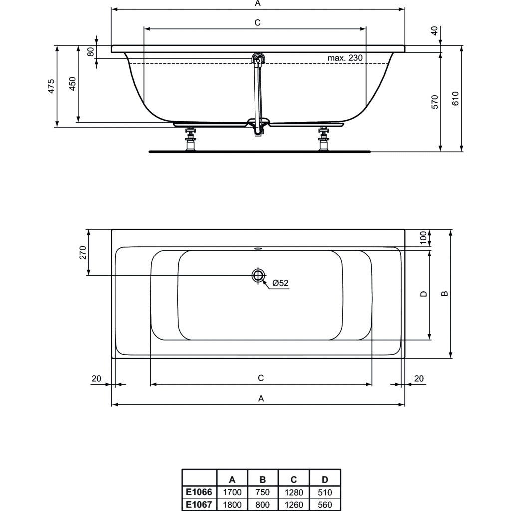 Ideal Standard - Baignoire duo rectangulaire à encastrer ou à poser 180 x 80 cm 265 l blanc - Connect Air Ideal standard 1