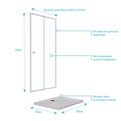 Pack porte de douche coulissante blanc 100x185cm + receveur 100x80 - WHITY SLIDE 3