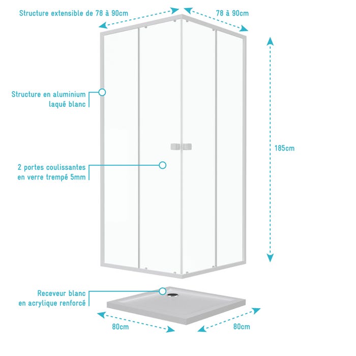 Pack porte de douche coulissante blanc de 78 à 90x185cm + receveur 80x80 - WHITY SLIDE 3