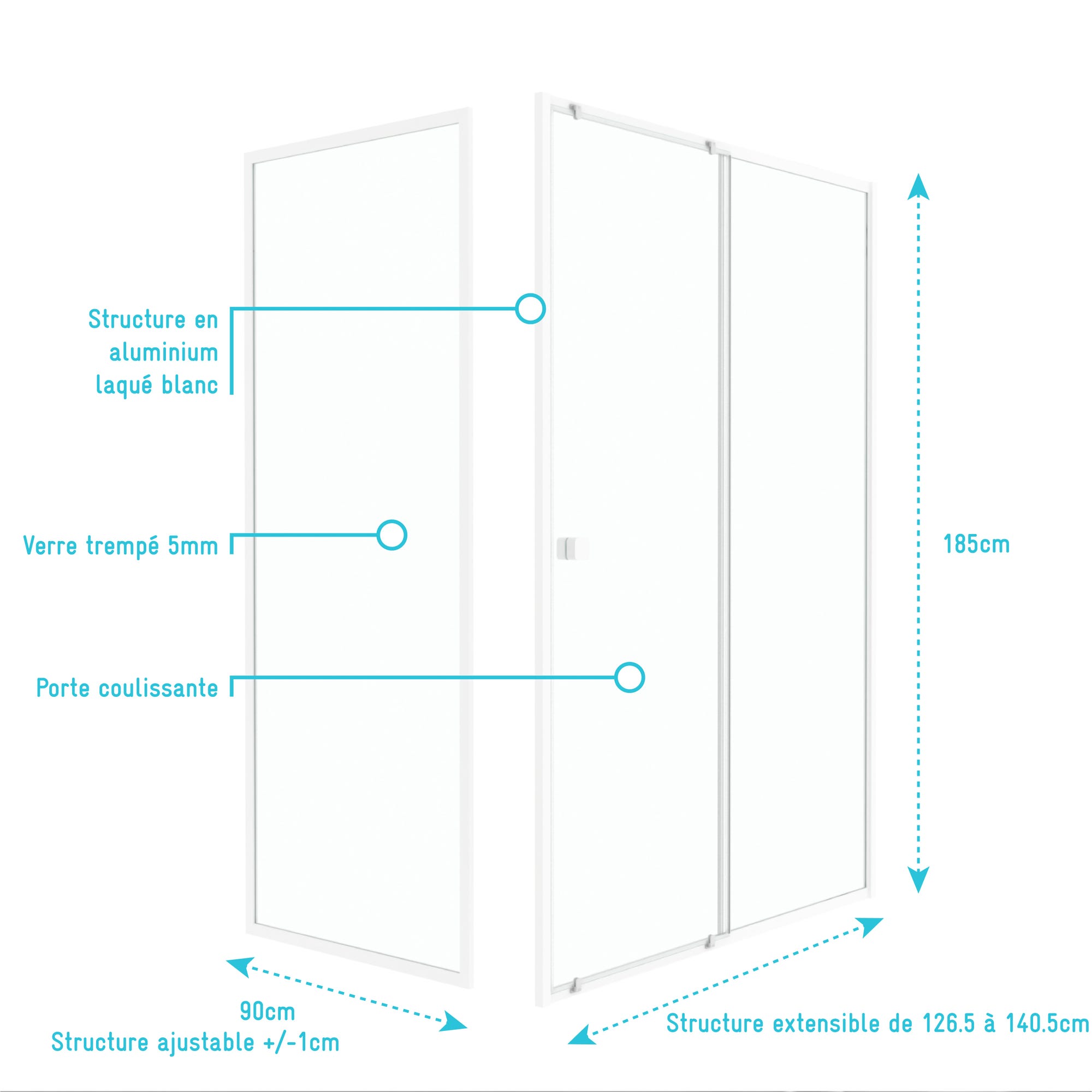 Pack porte de douche Coulissante blanc 140x185cm + retour 90 verre transparent 5mm - WHITY slide 3