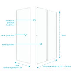 Pack porte de douche Coulissante blanc 140x185cm + retour 90 verre transparent 5mm - WHITY slide 3
