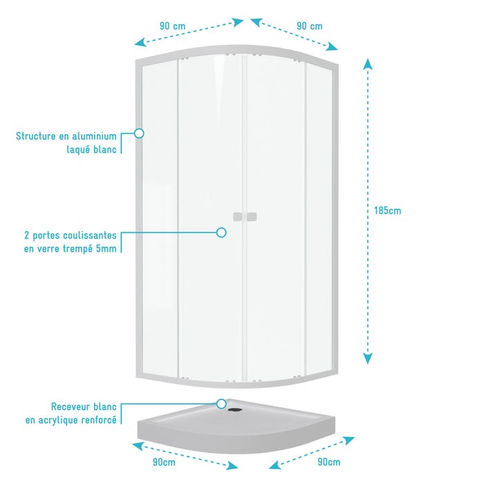 Pack porte de douche coulissante blanc de 89 à 90x190 cm + receveur - WHITY ROUND SLIDE 3