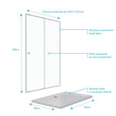 Pack porte de douche coulissante blanc 140x190cm + receveur 80x140 - WHITY SLIDE 3