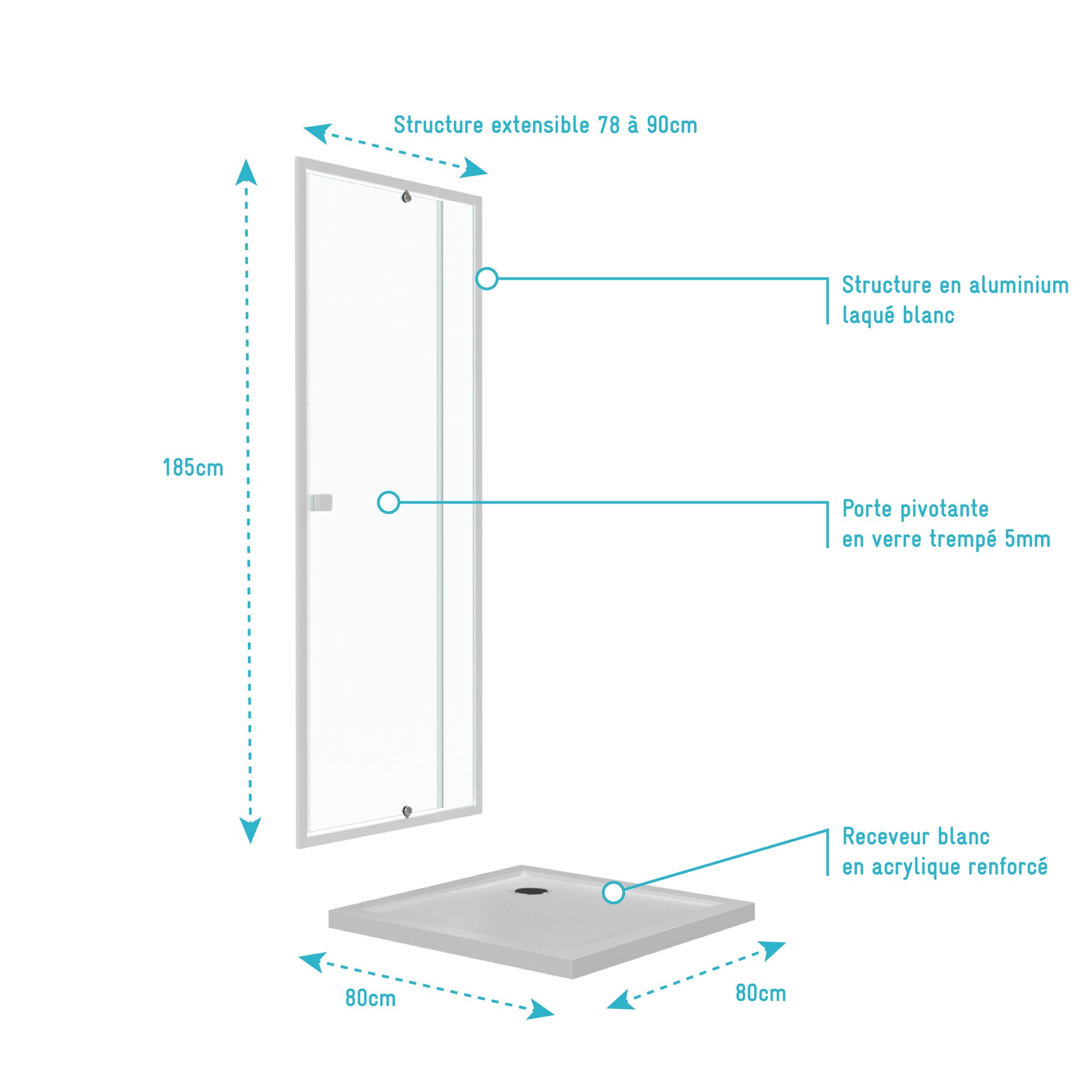 Pack porte de douche pivotante blanc de 78 à 90x185cm + receveur 80x80 - WHITY PIVOT 3