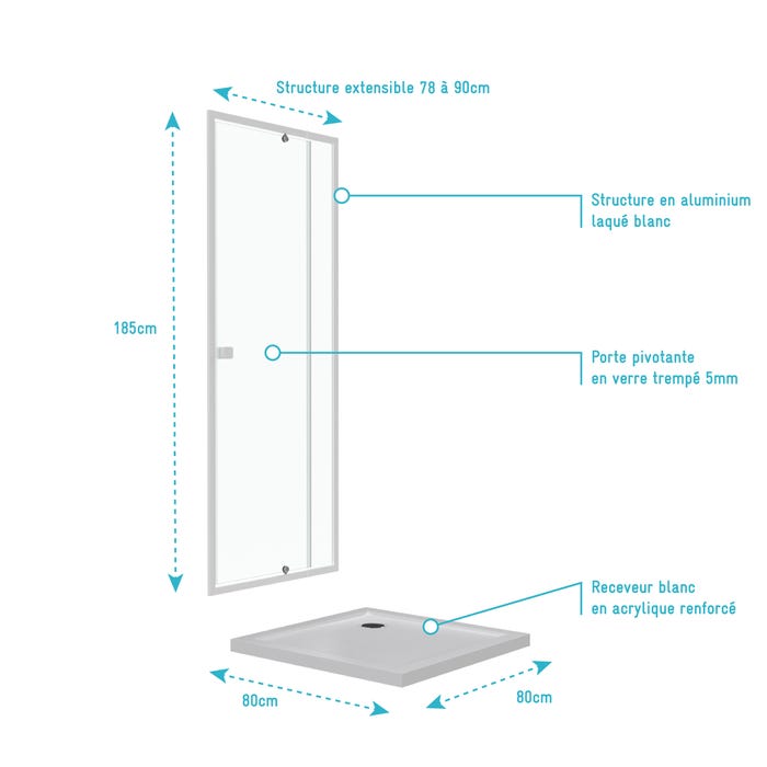 Pack porte de douche pivotante blanc de 78 à 90x185cm + receveur 80x80 - WHITY PIVOT 3