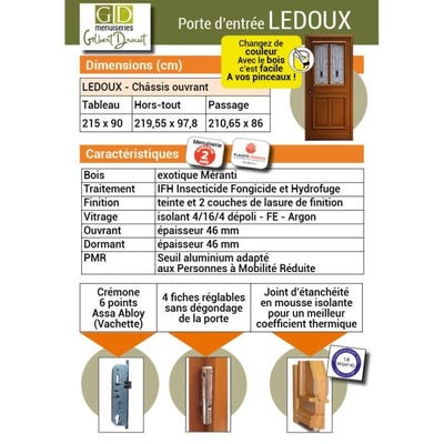 Porte D Entree Modele Ledoux 215X90 Poussant Gauche (Cotes Tableau) - GD MENUISERIES