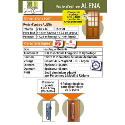 Porte D Entree En En Bois Modele 'Alena' 215X80 Poussant Gauche (Cotes Tableau) - GD MENUISERIES