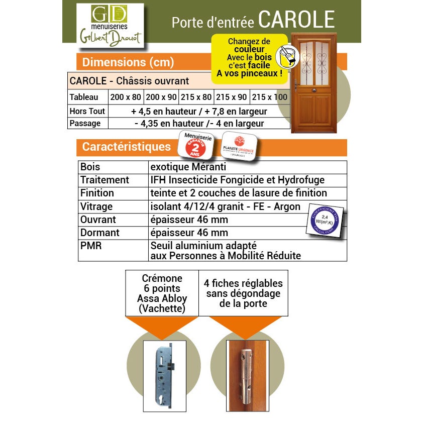 Porte d'entrée Bois vitrée, Carole, H,200xl,80 p, droit Côtes Tableau GD MENUISERIES 1