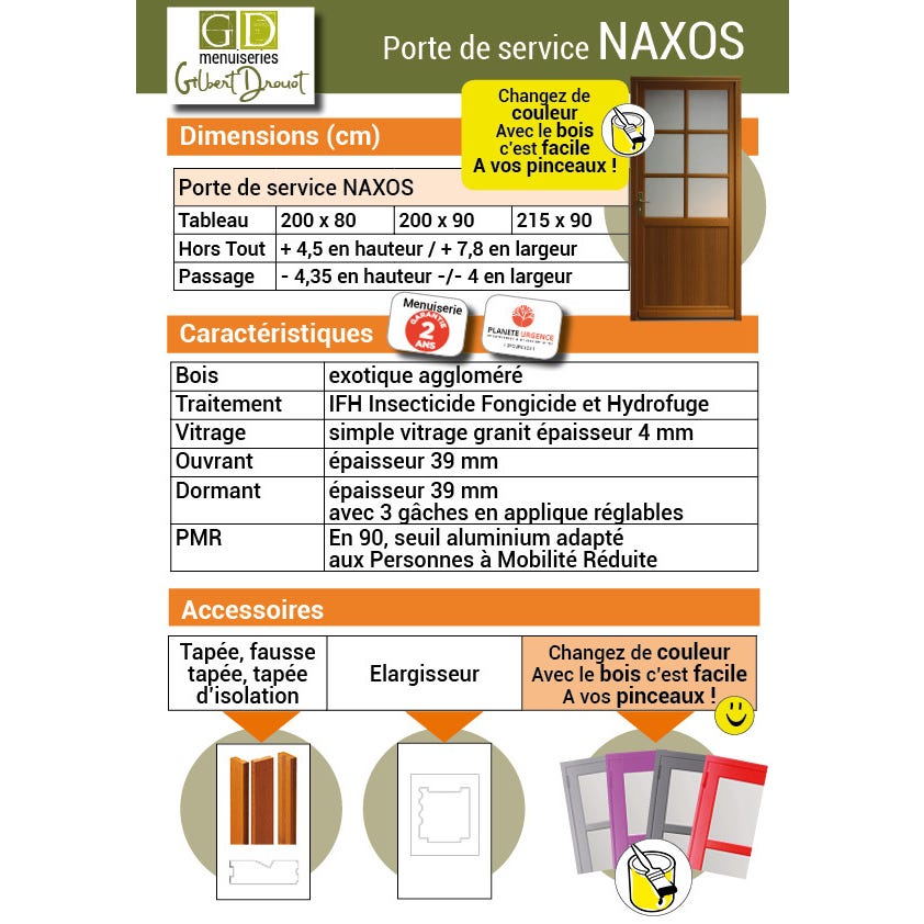 Porte De Service Bois vitrée Naxos, H,200xl,80 p, droit Côtes Tableau GD MENUISERIES 1