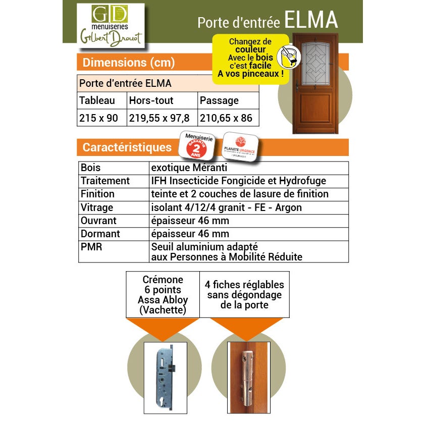Porte D'entrée Bois Vitrée, Vitrage Transparent, Elma, H,215xl,90 P,gauche Côtes Tableau Gd Menuiseries 1