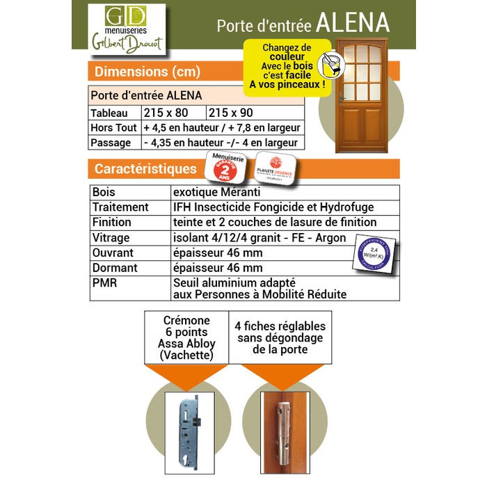 Porte D'entrée Bois Vitrée, Alena, H,215xl,90 P, Droit Côtes Tableau Gd Menuiseries 1