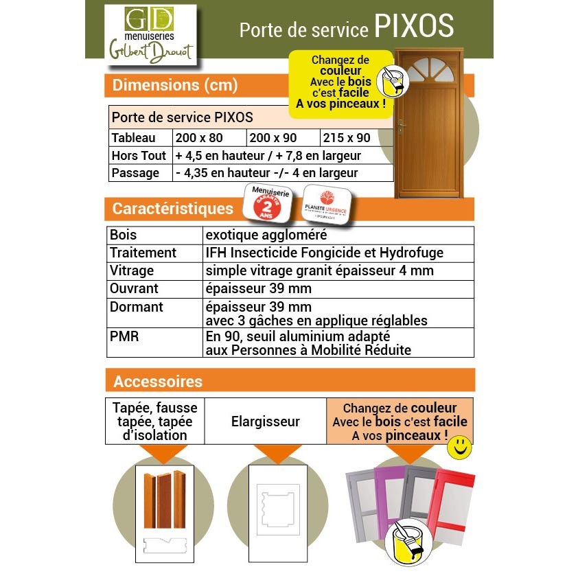 Porte De Service Bois vitrée Pixos, H,200xl,80 p,gauche Côtes Tableau GD MENUISERIES 1