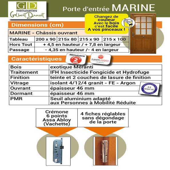 Porte D'entrée Bois Vitrée, Marine, H,215xl,90 P, Droit Côtes Tableau Gd Menuiseries 1