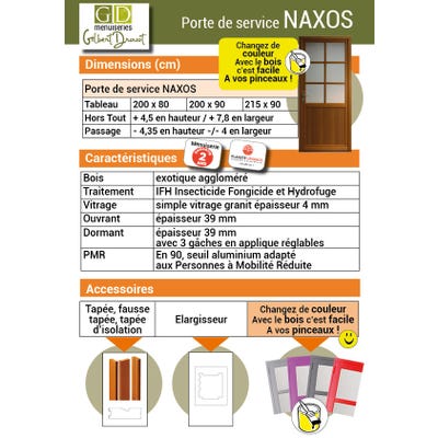 Porte De Service Bois vitrée Naxos, H,200xl,90 p, droit Côtes Tableau GD MENUISERIES 1