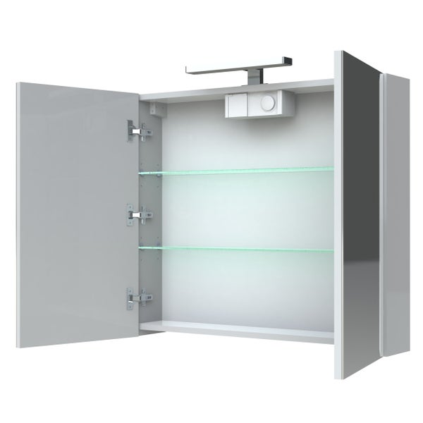 Armoire de salle de bain 80 cm avec éclairage LED et bloc prise JUNO 2 portes miroir blanc brillant 2