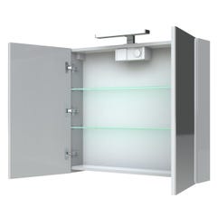 Armoire de salle de bain 80 cm avec éclairage LED et bloc prise JUNO 2 portes miroir blanc brillant 1