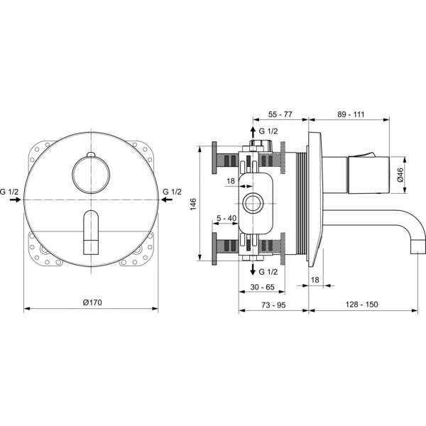 Ideal Standard - Thermostatique lavabo encastré électronique 6V avec bec 150 mm et manette de réglage température - Okyris Ideal standard 1