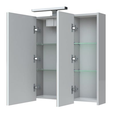 Armoire de salle de bain 80 cm avec éclairage LED et bloc prise JUNO 3 portes miroir triptyque blanc brillant