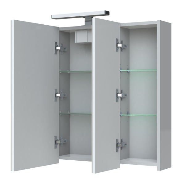 Armoire de salle de bain 80 cm avec éclairage LED et bloc prise JUNO 3 portes miroir triptyque blanc brillant 1