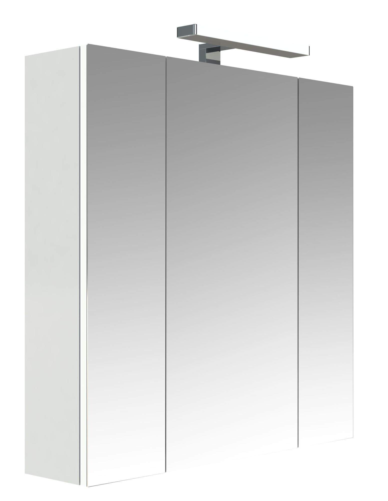 Armoire de salle de bain 80 cm avec éclairage LED et bloc prise JUNO 3 portes miroir triptyque blanc brillant