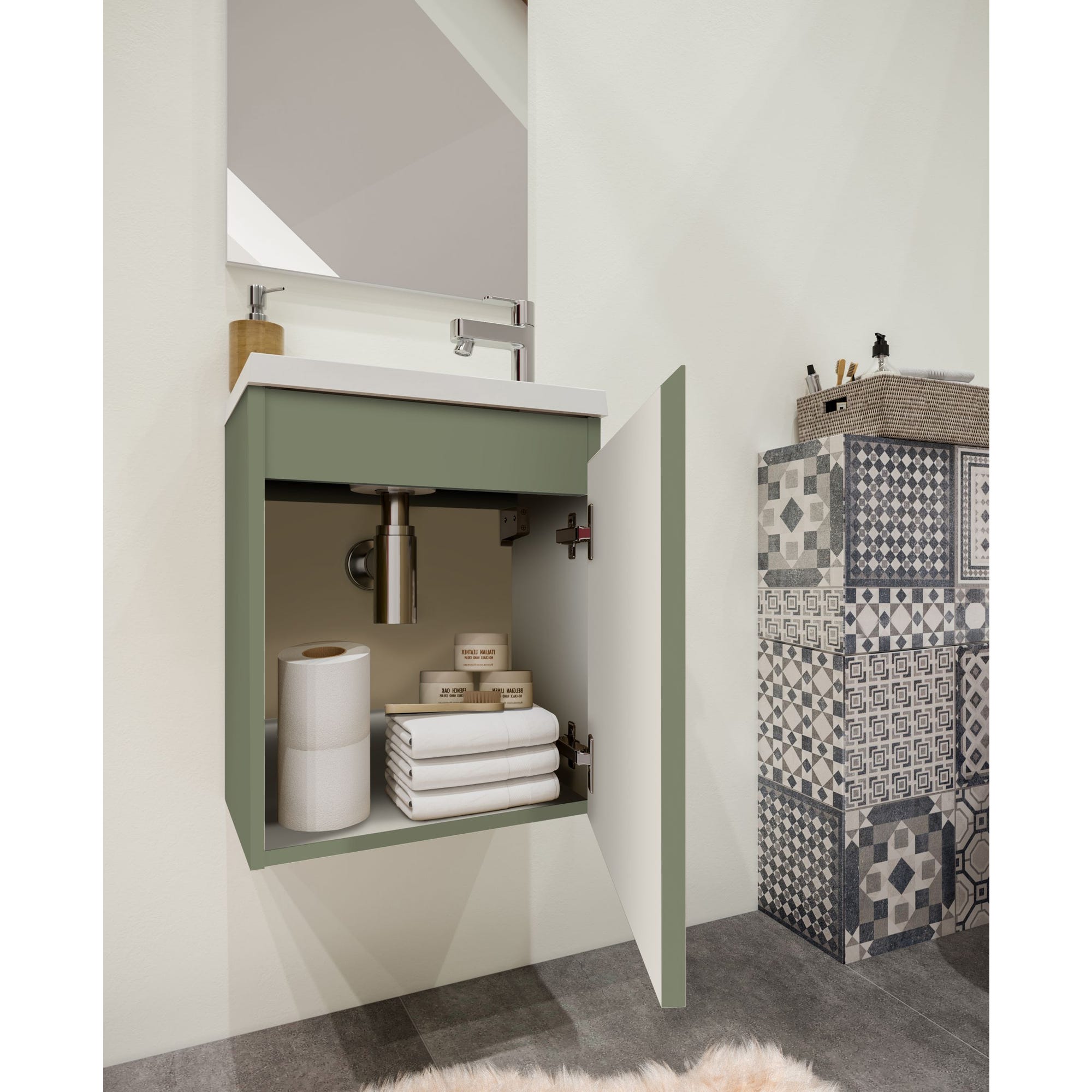 Ensemble meuble lave-mains avec miroir PORTO PACK - vert de gris - L40 x H51 x P25 cm 2