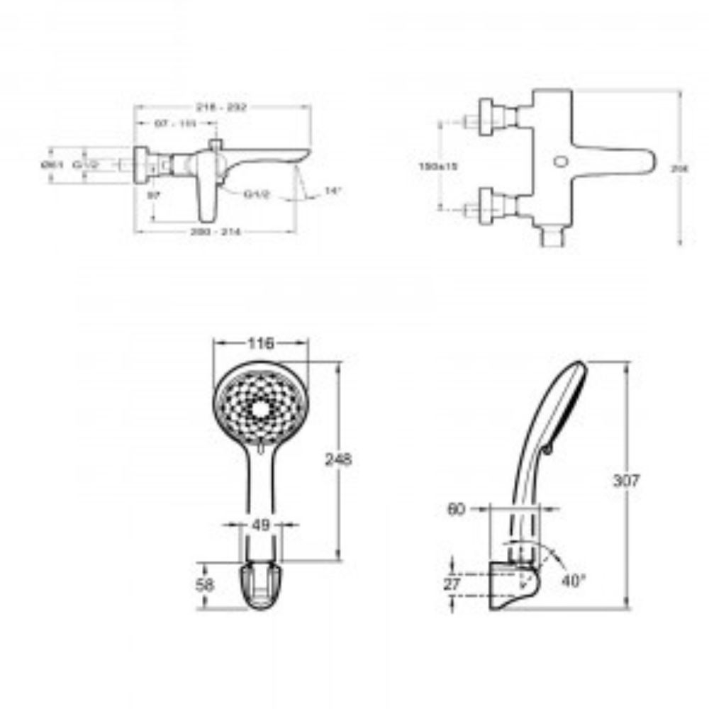 Jacob Delafon Ensemble Mitigeur Bain Douche mécanique mural ALEO + avec