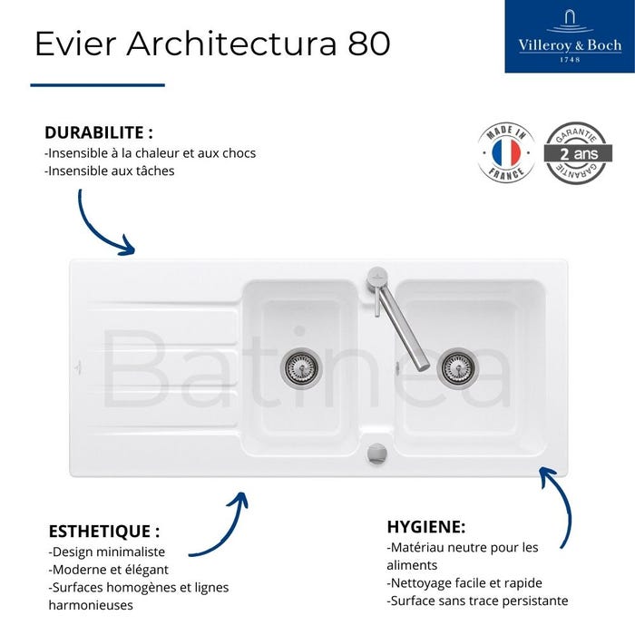 Evier 116 x 51 cm VILLEROY ET BOCH Architectura 80 Blanc vidage automatique inclus 2