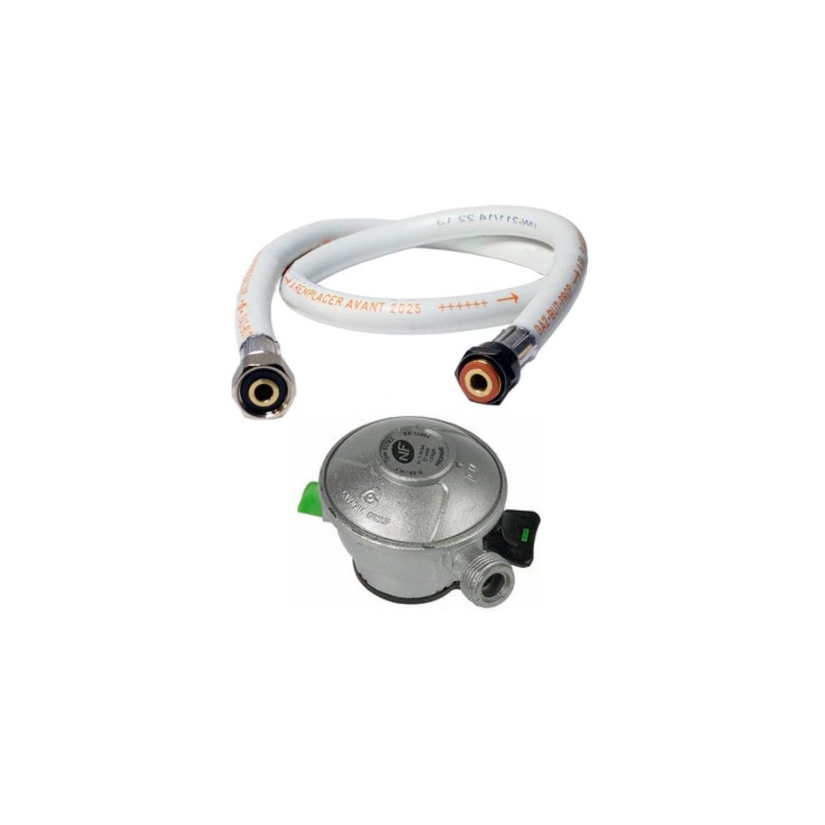 Pack tuyau gaz flexible 1.50 m + Détendeur Butane à clipser Quick-On Valve Diam 27mm BUTAGAZ Avec Sécurité stop gaz 0