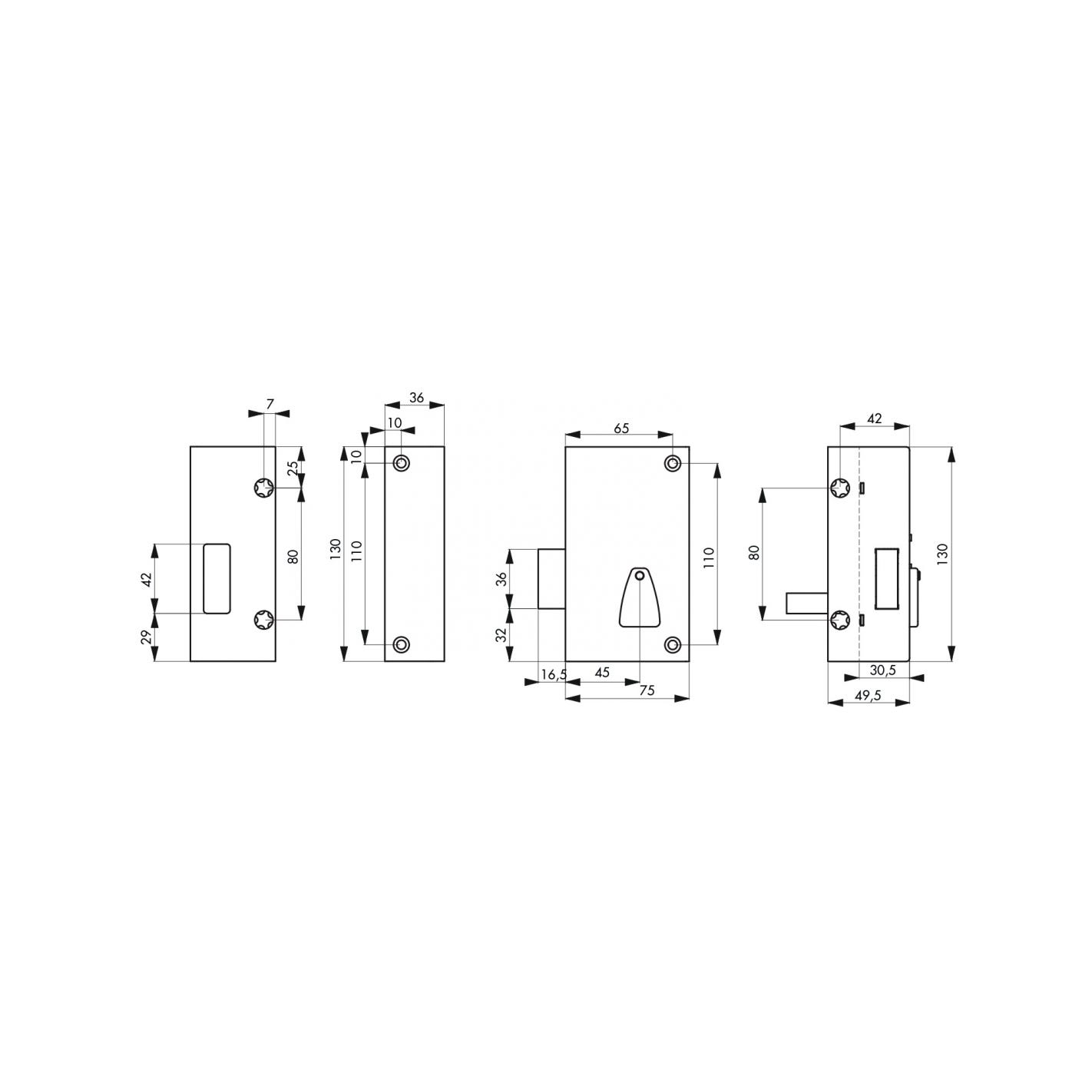 THIRARD - Serrure verticale en applique 6 gorges à clé pour porte de cave, pêne seul, gauche, axe 45mm, 75x130mm, noir, 2 clés 1