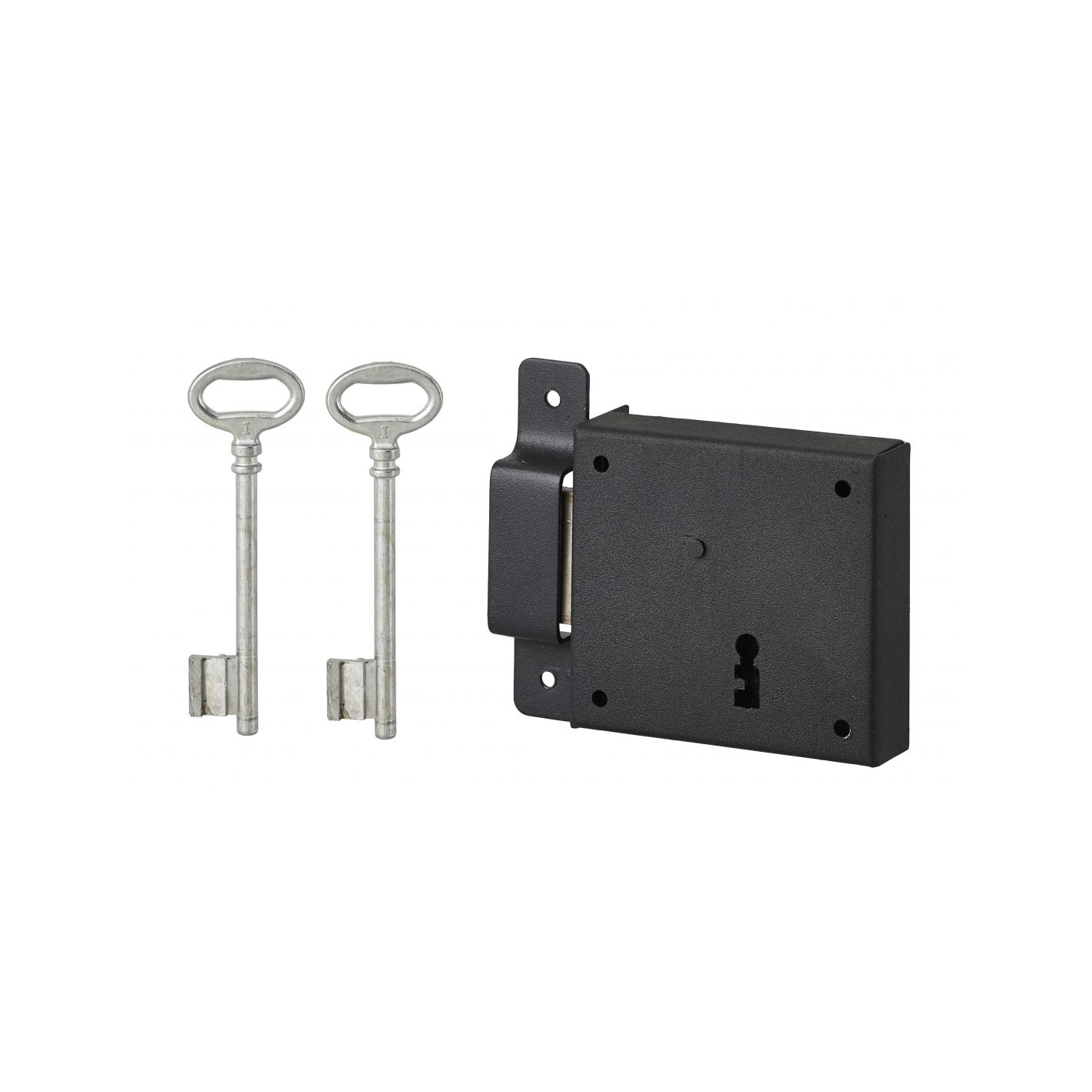 THIRARD - Serrure horizontale en applique à clé pour porte de cave, pêne seul, gauche, axe 50mm, 85x76mm, noir, 2 clés 0