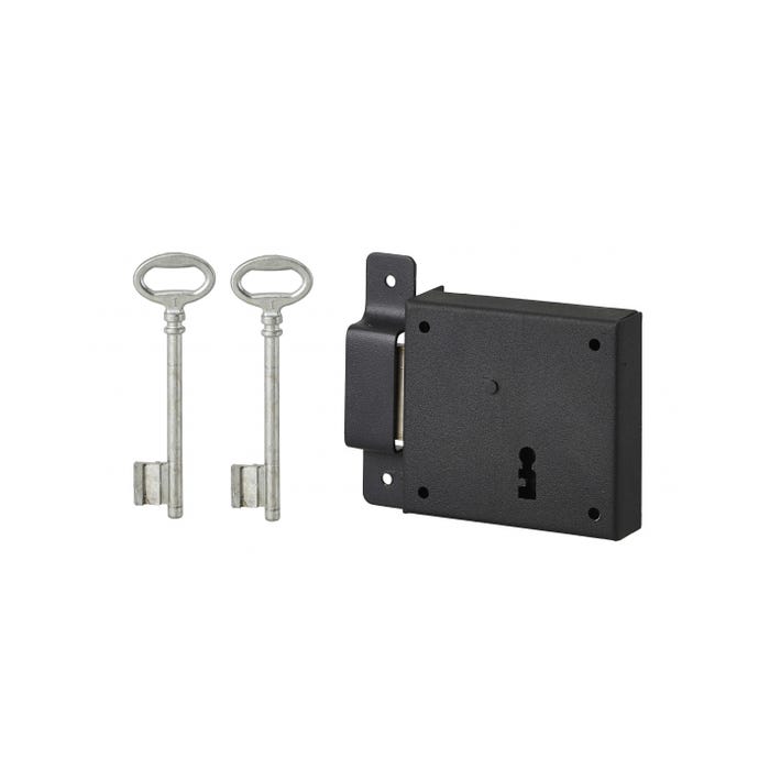 THIRARD - Serrure horizontale en applique à clé pour porte de cave, pêne seul, gauche, axe 50mm, 85x76mm, noir, 2 clés 0