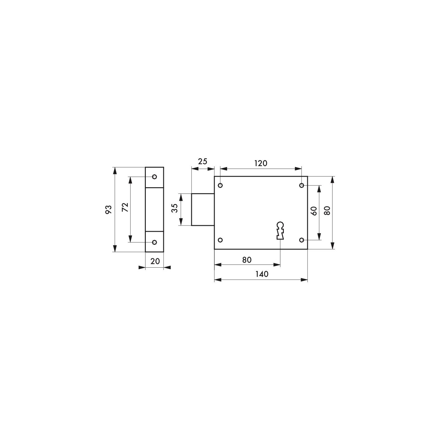 THIRARD - Serrure horizontale en applique à clé pour porte de cave, pêne seul, gauche, axe 80mm, 140x80mm, noir, 2 clés 1