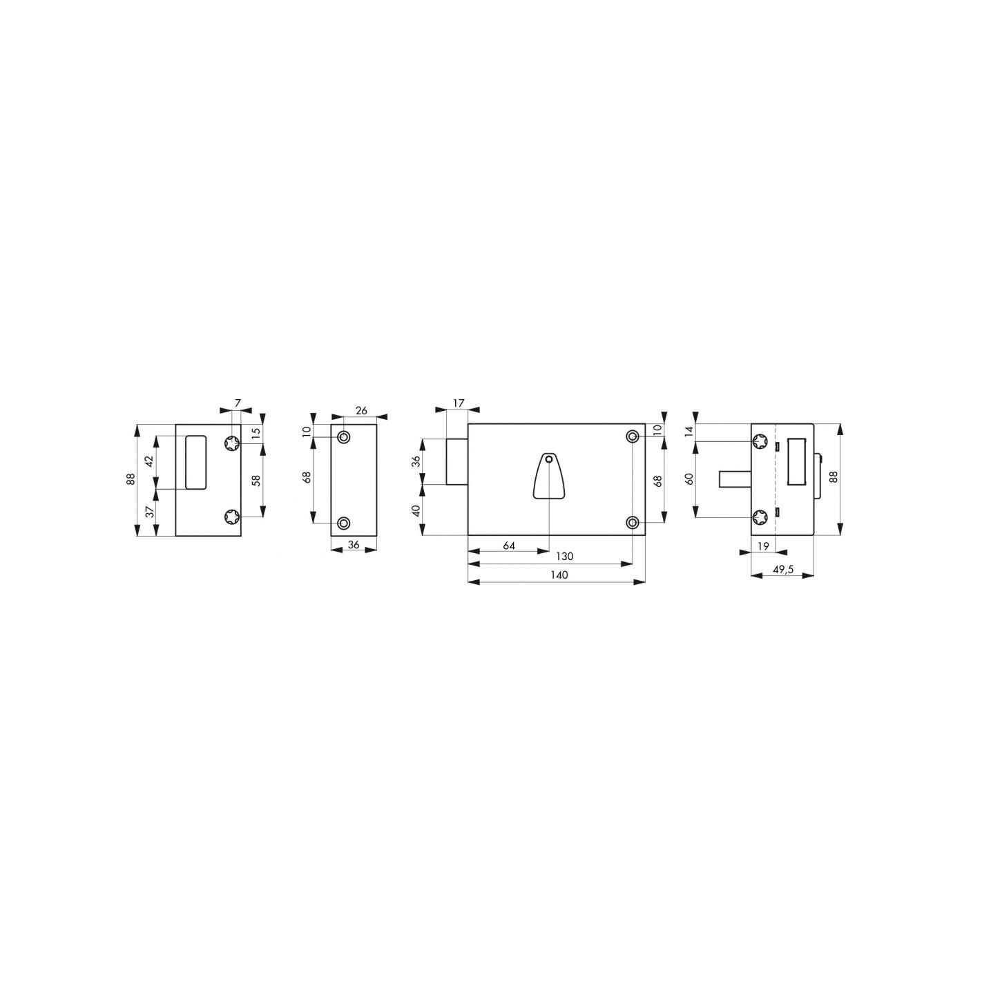 THIRARD - Serrure horizontale en applique 6 gorges à clé pour porte de cave, pêne seul, gauche, axe 64mm, 140x88mm, noir, 2 clés 1