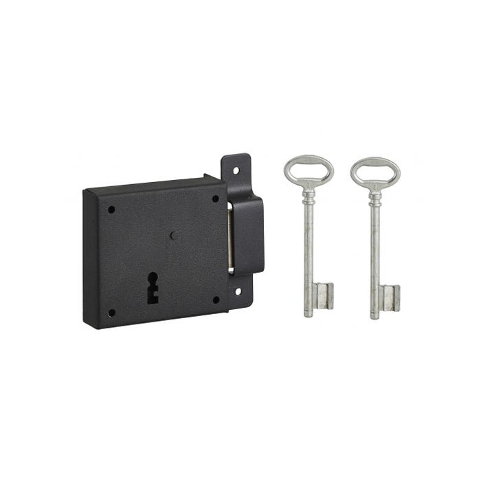 THIRARD - Serrure horizontale en applique à clé pour porte de cave, pêne seul, droite, axe 50mm, 85x76mm, noir, 2 clés 0