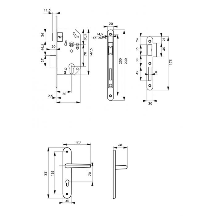 THIRARD - Garniture serrure encastrable Monomax NF à cylindre + ensemble poignées Héra, axe 50mm, bouts ronds, 3 clés 1