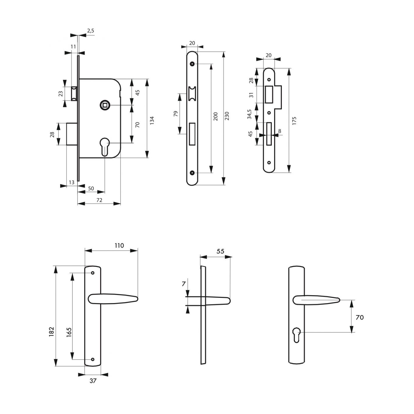 THIRARD - Garniture serrure encastrable à cylindre + ensemble poignées Ares, axe 50mm, bouts ronds, 3 clés 1