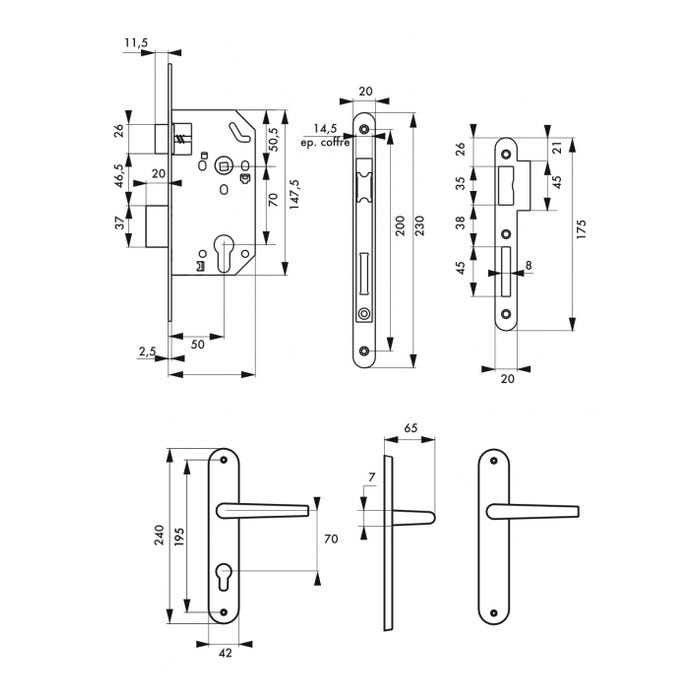 THIRARD - Garniture serrure encastrable Monomax NF à cylindre + ensemble poignées Dionysos, axe 50mm, bouts ronds, 3 clés 1