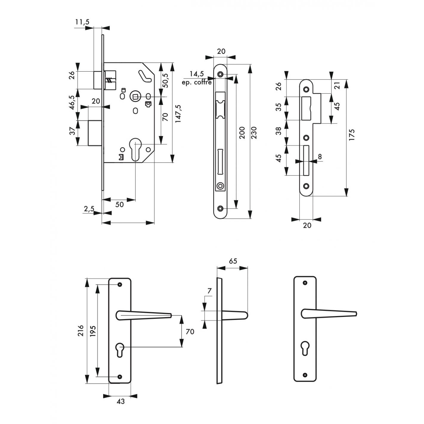 THIRARD - Garniture serrure encastrable Monomax NF à cylindre + ensemble poignées Demeter, axe 50mm, bouts ronds, 3 clés 2