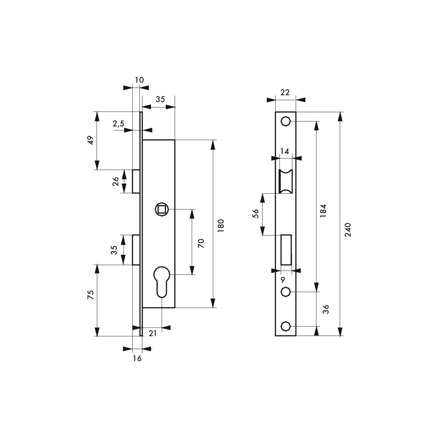 THIRARD - Serrure encastrable à cylindre pour menuiserie métallique, axe 22mm, bouts carrés, cylindre 30x30mm, inox, 3 clés 1