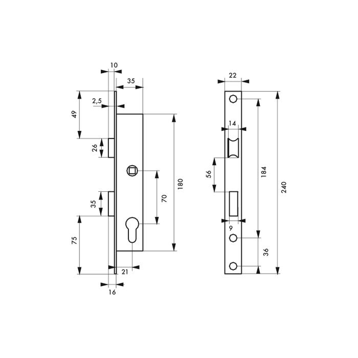 THIRARD - Serrure encastrable à cylindre pour menuiserie métallique, axe 22mm, bouts carrés, cylindre 30x30mm, inox, 3 clés 1