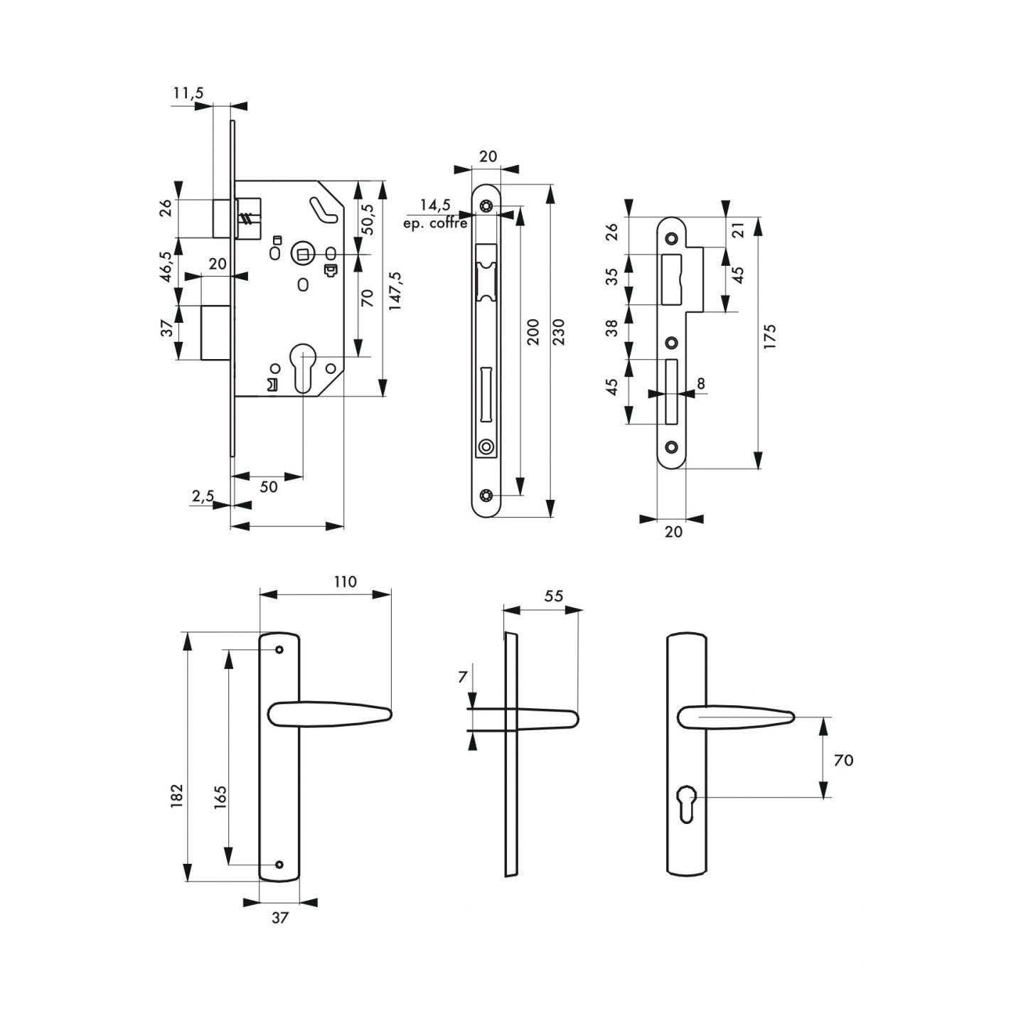 THIRARD - Garniture serrure encastrable Monomax NF à cylindre + ensemble poignées Ares, axe 50mm, bouts ronds, 3 clés 1
