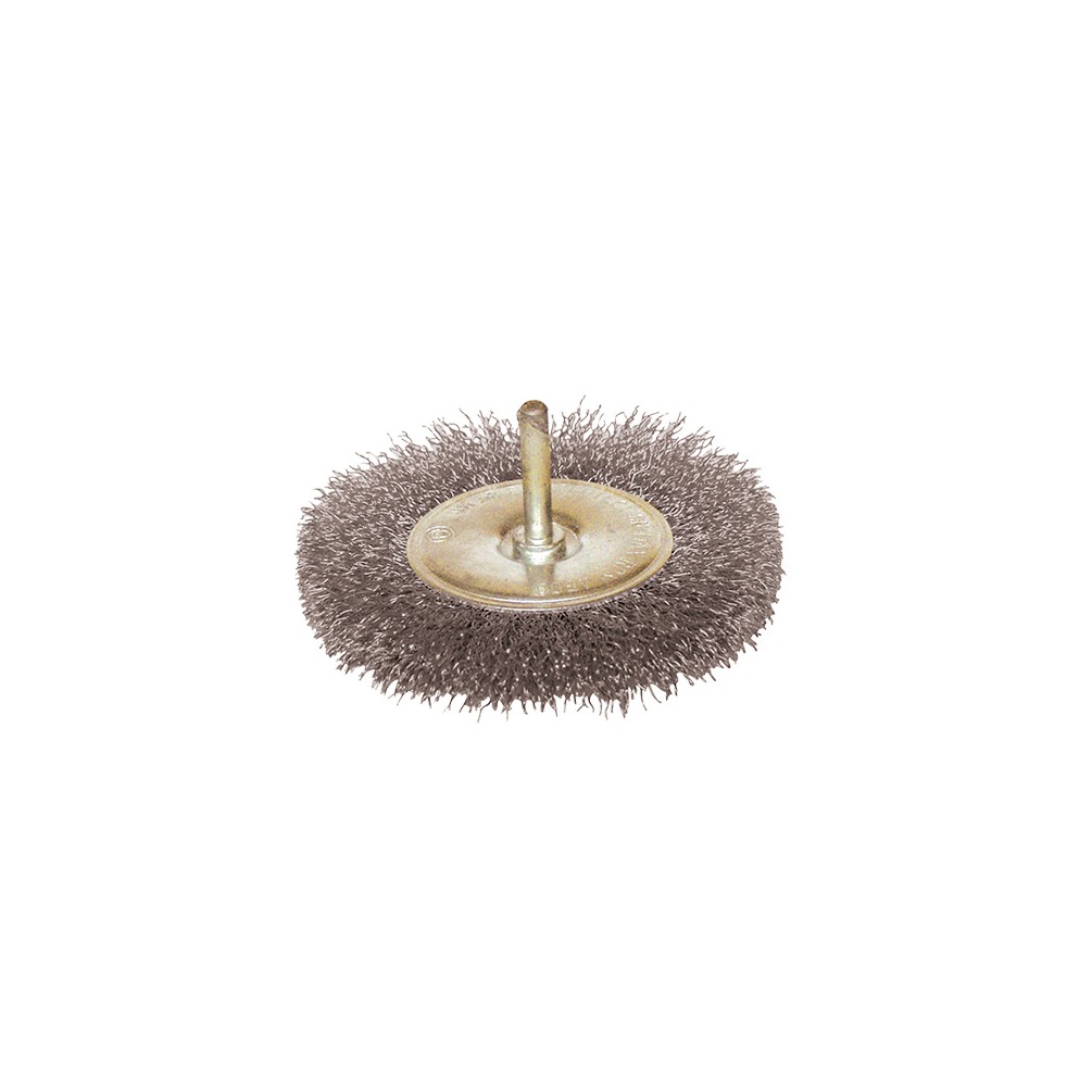 Brosse circulaire sur tige fil acier ondulé décapage dur bois/métal D. 100 mm - Q. 6 mm - Ep. 9 mm - fil 0,30 - 330.100