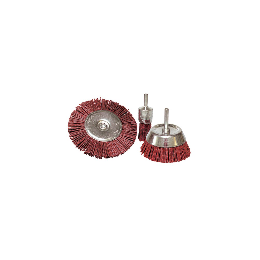 Lot de 3 brosses sur tige fil nylon pour décapage doux bois et métaux - 0123.01 - Leman